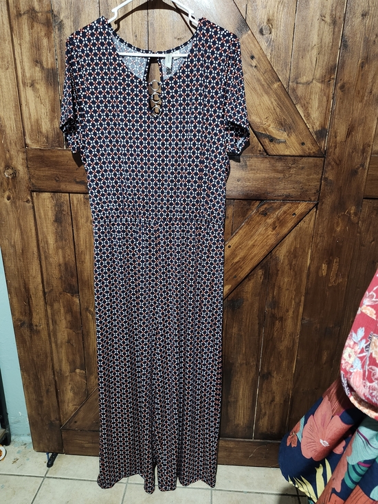 Tacera Pants - Tacera Navy and Coral Geometric Jumpsuit